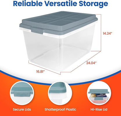 Hefty 72 Quart Hi-Rise Storage Bin with Lid, Stackable Plastic Container Tote for Home, Office, and Classroom Organization, 6 Pack, Smoke Blue