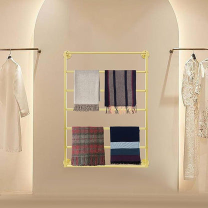 Wall Mounted Display Rack, 7-Tier Wall Mounted Scarf Rack, Gold Towels Storage Rack, Wrapping Paper Ribbon Organizer, Metal Wall Display Rack for Bedroom, Retail Store, Flower Shop
