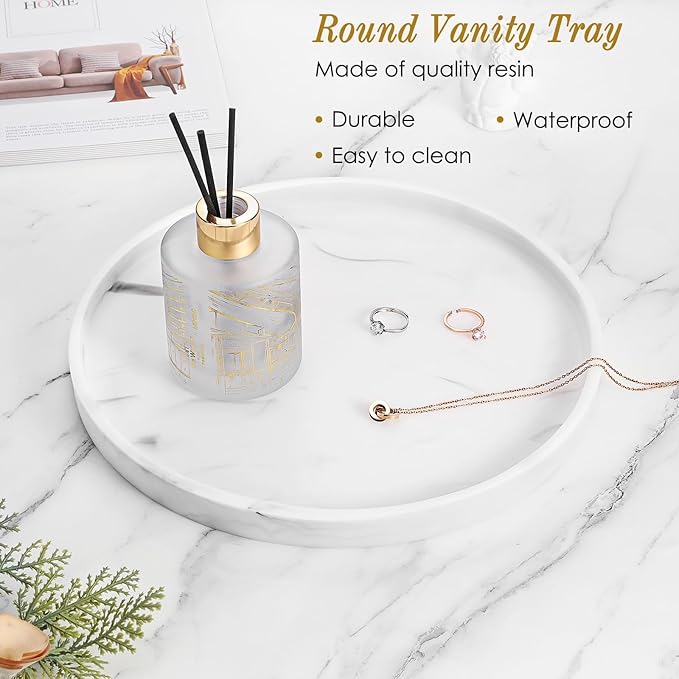 Luxspire Round Vanity Tray, 10.63 Inch Bathroom Vanity Tray Resin Kitchen Tray, Countertop Organizer Tray for Perfume Dresser Jewelry Candle, Coffee Table Decorative Tray, Marble White
