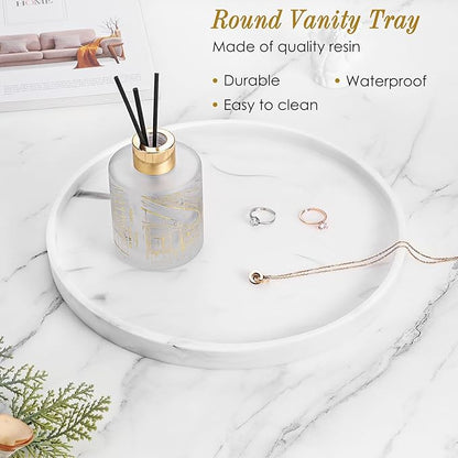 Luxspire Round Vanity Tray, 10.63 Inch Bathroom Vanity Tray Resin Kitchen Tray, Countertop Organizer Tray for Perfume Dresser Jewelry Candle, Coffee Table Decorative Tray, Marble White