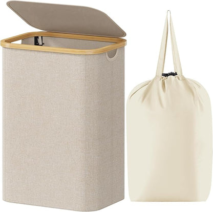 Lifewit 80L Laundry Basket with Lid, Clothes Hampers for Laundry with Bamboo Handles and 1 Removable Bag, Large Foldable Laundry Hamper for Bedroom, Bathroom, Dorm, Laundry Room, Beige