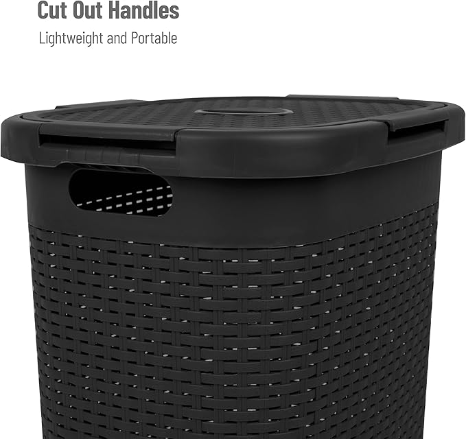 Mind Reader 60L Slim Laundry Hamper, Clothes Basket, Lid, Wicker Design, Plastic, 17.65"L x 13.75"W x 24.15"H, Black