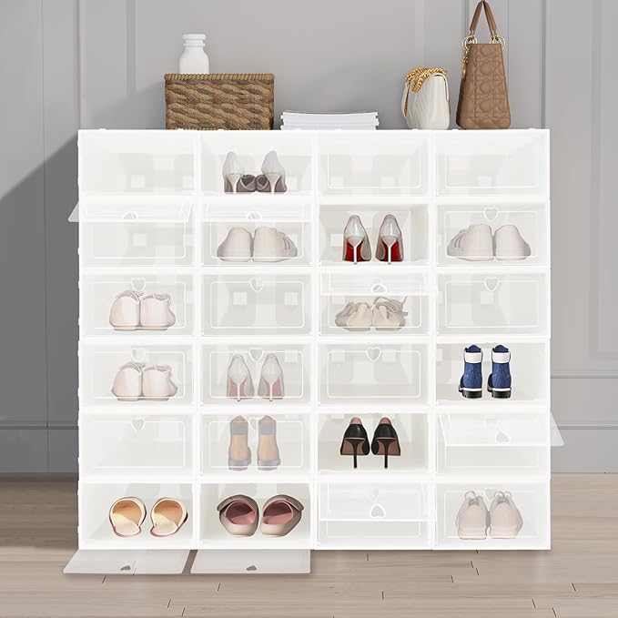 24Pcs Shoe Storage Box, Portable Clear Plastic Stackable Shoe Boxes for Shoes, Stackable Shoe Organizer for Sneakers, High Heels, Canvas Shoes, Boots (White & Clear)