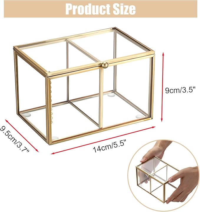 Hipiwe 2 Slots Glass Qtip Holder Gold Q-tip Storage Box with Lid Bathroom Accessories Container for Cotton Balls Cotton Swab Holder Rectangular Vanity Countertop Organizer