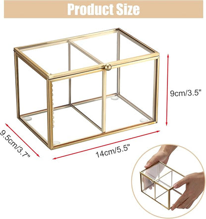 Hipiwe 2 Slots Glass Qtip Holder Gold Q-tip Storage Box with Lid Bathroom Accessories Container for Cotton Balls Cotton Swab Holder Rectangular Vanity Countertop Organizer