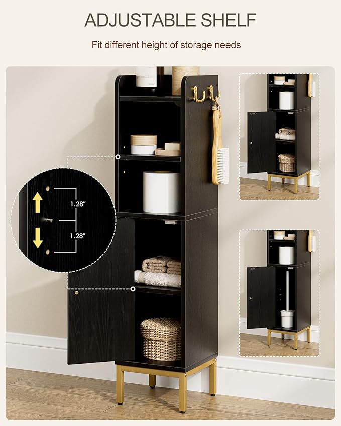 Bathroom Storage Cabinet, Small Corner Floor Hutch with 2Hooks,Narrow Toilet Paper Cabinet with Adjustable Shelf,Morden Bathroom Organizer for Small Spaces,Black