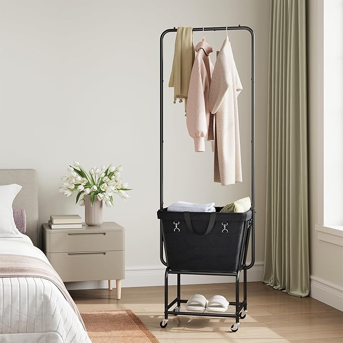 ELYKEN Laundry Cart with Hanging Rack, Rolling Laundry Hamper with Wheels, Laundry Basket with Removable Liner Bag and Shelf, Sturdy Metal Frame Dirty Clothes Basket for Hotel, Home, Closet, Dorm