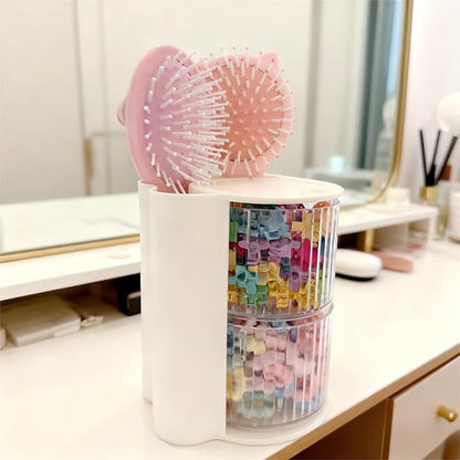 Hair Accessories Organizer with Hair Brush Holder, Rotatable Makeup Brush Holder for Necklaces, Earring, Bracelet, Ring, Makeup Brushes, Hair Clip and Hair Accessories (2 Layer Beige)