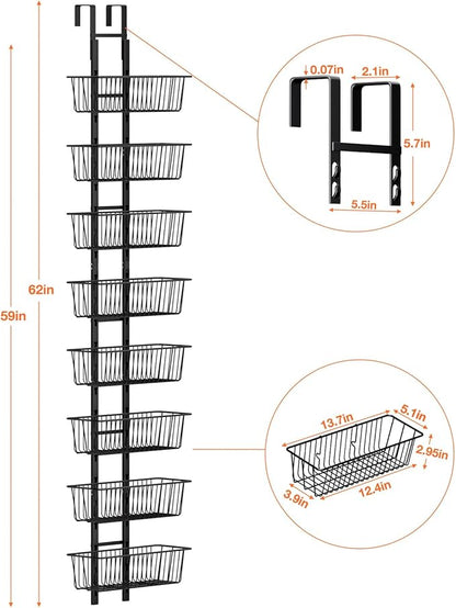 8 Tier Over the Door Pantry Organizer, Over the Door Spice Rack with Adjustable Baskets, Metal Hanging Door Pantry Organizers and Storage for Kitchen Bathroom Bedroom, Black