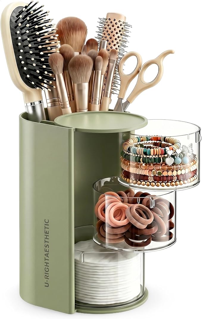 Hair Accessories Organizer with Hair Brush Holder, Rotatable Scrunchie Holder, Bathroom Vanity Makeup Brush holder for Necklaces, Earring, Bracelet, Ring, Hair Clip,Qtip, Makeup Brushes