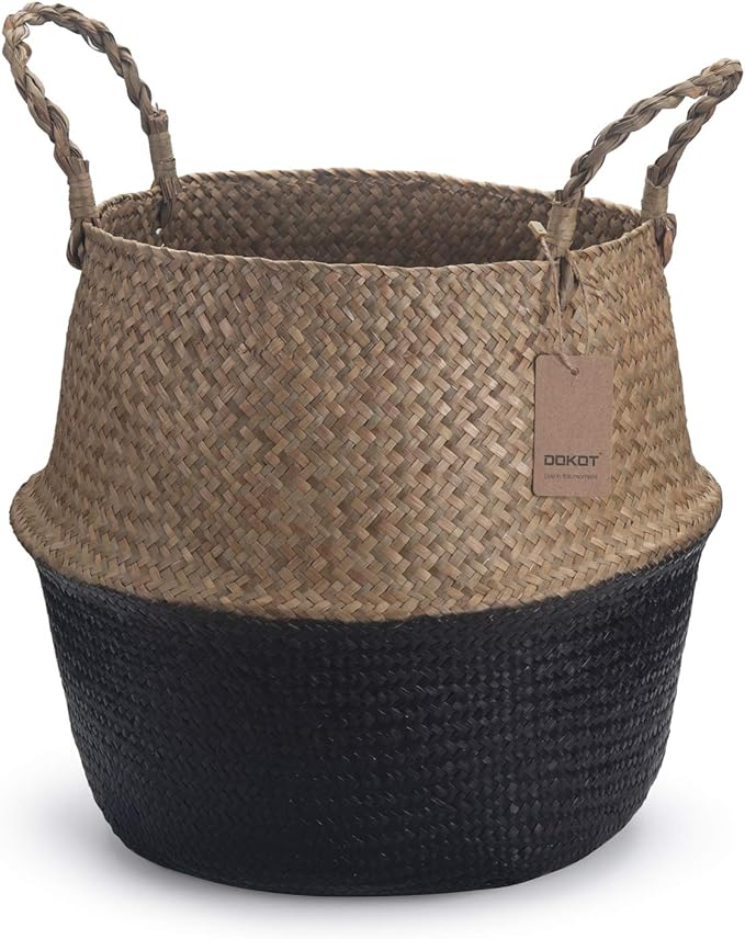 Seagrass Plant Basket with Handles Natural Woven Storage Baskets (Black 9 inch D x 11 inch H)