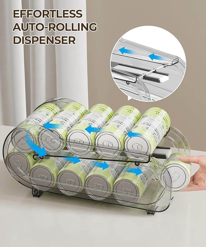 Drink Organizer for Fridge, Soda Can Organizer Dispenser for Refrigerator with Automatic Rolling,Organize Standard Size 11.15oz or 12oz Cans Drink,Save space for Fridge、Kitchen、countertop （4 pack）