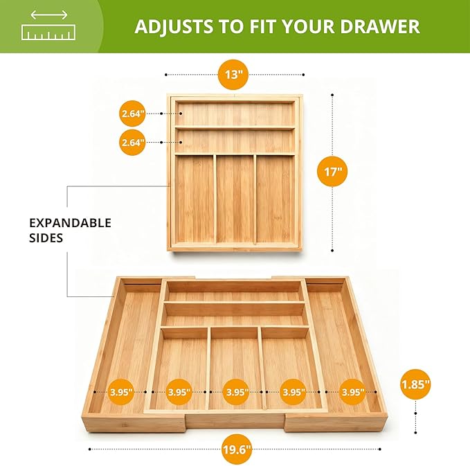 Premium bamboo kitchen drawer organizer, perfect for storing cutlery, silverware, and gadgets. Suitable for kitchens, living rooms, and bedrooms. 5-7 compartments, 13 to 19.6 inches wide.
