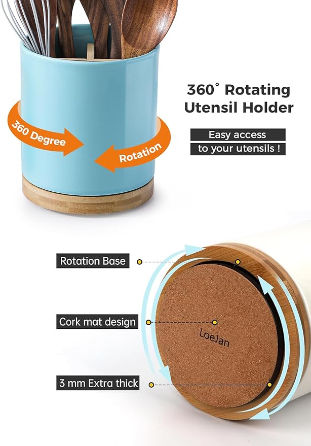 LoeJan 3 Compartment Utensil Holder, Extra Large Utensil Crock, Stable Ceramic Utensil Organizer, Cooking Tool Organizer Set for Kitchen Counter Farmhouse Decor, Turquoise