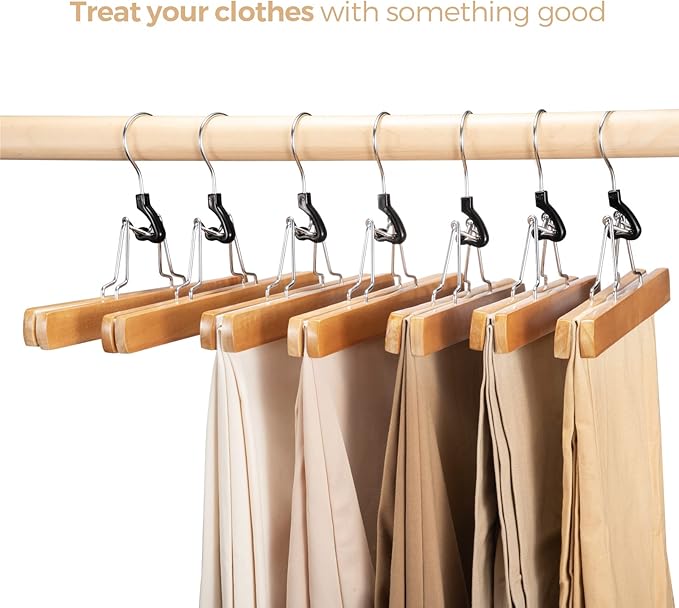 HOUSE DAY Wooden Pants Hangers 20 Pack, Non Slip Wood Skirt Hangers, Smooth Finish Wood Jeans Hanger, Clamp Hanger for Skirts, Slacks, with 360° Swivel Hook