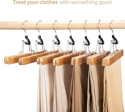 HOUSE DAY Wooden Pants Hangers 20 Pack, Non Slip Wood Skirt Hangers, Smooth Finish Wood Jeans Hanger, Clamp Hanger for Skirts, Slacks, with 360° Swivel Hook