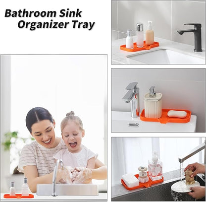 MicoYang Silicone Bathroom Soap Dishes with Drain Spout-Bathroom and Kitchen Sink Organizer,Sponge Holder,Dish Soap Tray,Perfect for Dispenser,Scrubber,Bottle,Cup on Sink or Counter-Orange 9.6"×5.3"