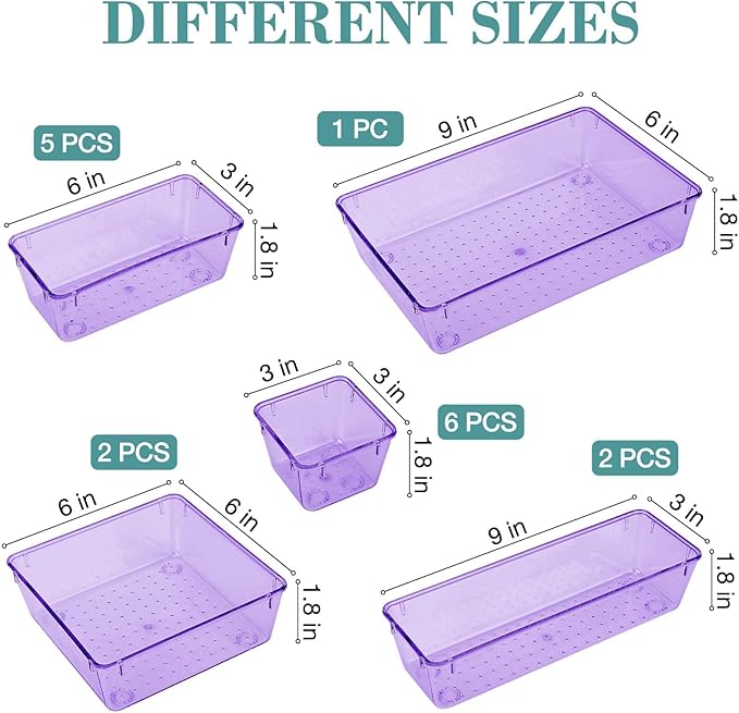 StorMiracle 16 PCS Drawer Organizer Set, 5 Varied Size Bathroom and kitchen Drawer cabinet organizer Trays, Clear Storage Bins for Makeup, Jewelry, Utensils and Gadgets, Purple