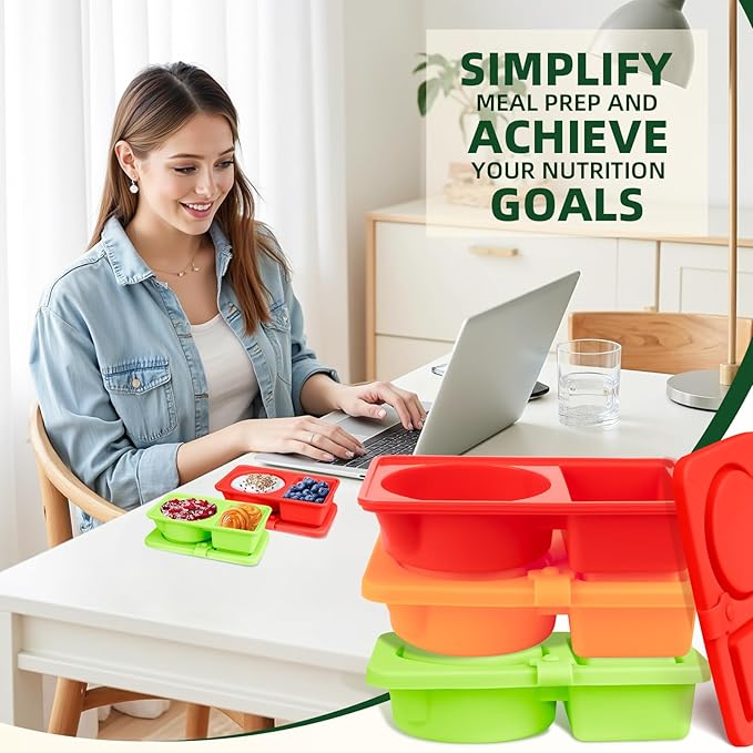 3 Pack Silicone Snackle Containers with Lids, Reusable 2 Compartment Snack Box Containers Salad Dressing Sauce Seasoning Container, Small Mini Food Snack Boxs for Travel, Office, Picnic