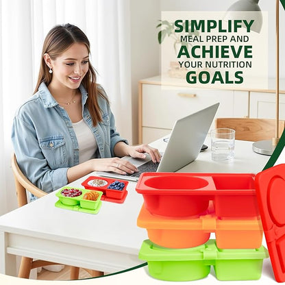 3 Pack Silicone Snackle Containers with Lids, Reusable 2 Compartment Snack Box Containers Salad Dressing Sauce Seasoning Container, Small Mini Food Snack Boxs for Travel, Office, Picnic