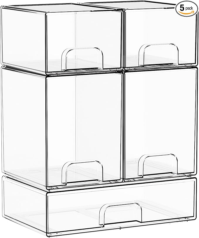 Yieach 5 Set Clear Stackable Storage Drawers and Acrylic Drawer Organizer,BPA Free Baby Bottle Organizer for Countertop and Bottle Station Organizer for Breast Pump Parts,Pacifier and Baby Accessories