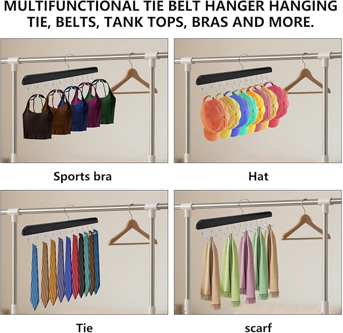 4 Pcs Tie Organizer for Closet, Wood Belt Hanger 2 in 1 Tie Racks for Men Closet with 20 Folding Hooks(Black)