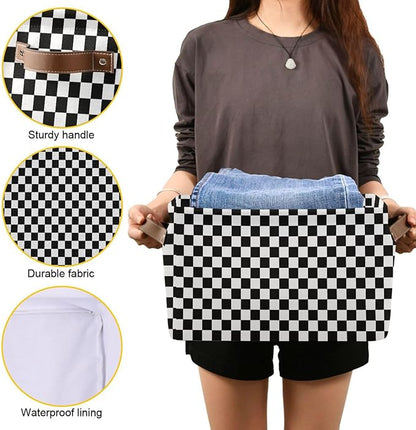 Black White Checkered Pattern Large Storage Basket Cube Storage Bin Canvas Fabric Organizer Handles Collapsible Decorative for Clothes Toys Bedroom
