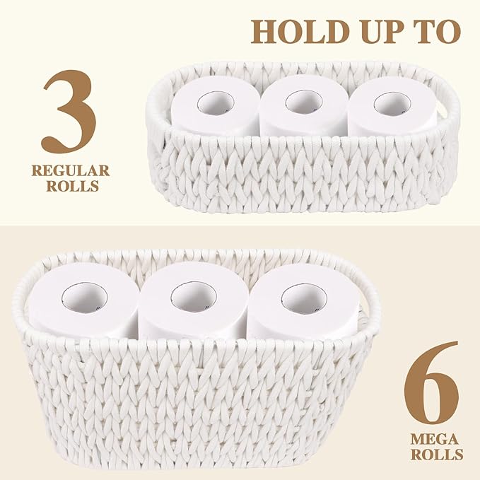 Boho Toilet Paper Storage Baskets, Cotton Rope Woven Bathroom Basket Set of 2, Standing Toilet Paper Holder for 6 Mega Rolls,Storage Bins for Toilet Tank Top, Bathroom Organizer Decor (White 2 Pack)