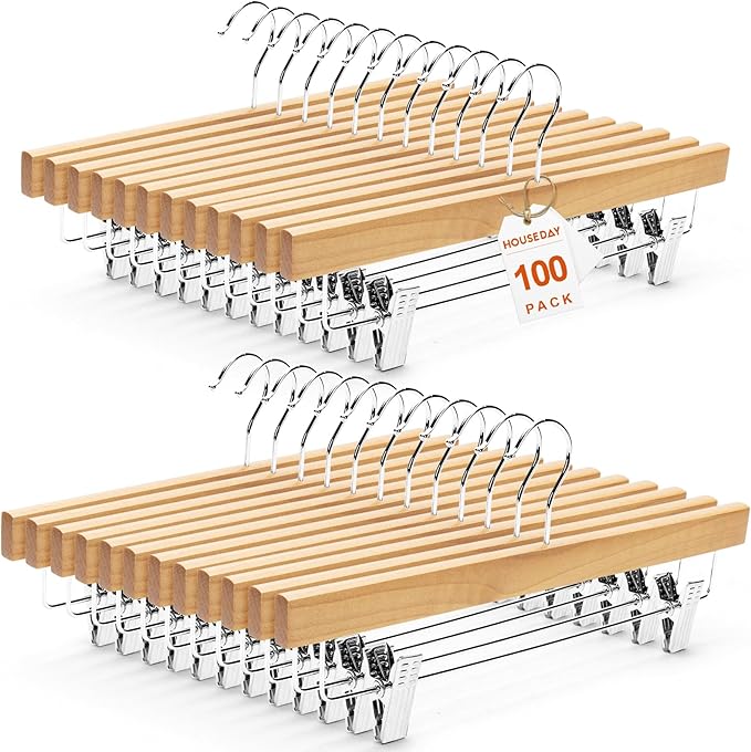 HOUSE DAY Premium Wooden Pants Hangers 100 Pack, Solid Lotus Wood Skirt Hangers with 2-Adjustable Clips, Heavy Duty & Anti Slip Wood Bottom Hanger for Slacks, Jeans, Trousers, Shorts (Natural)