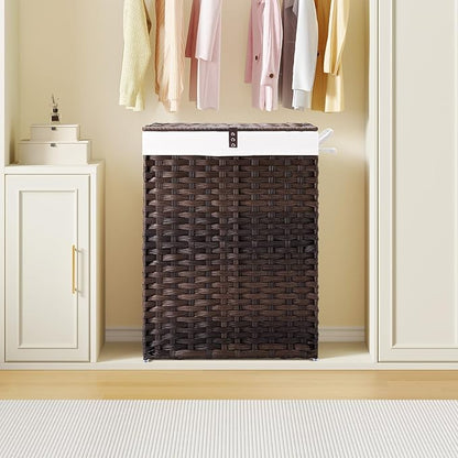 Greenstell Laundry Hamper with Lid, 90L Clothes Hamper with 2 Removable Liner Bags & 2 Mesh Laundry Bags, Handwoven Synthetic Rattan Laundry Basket for Clothes, Toys in Bathroom, Bedroom Brown