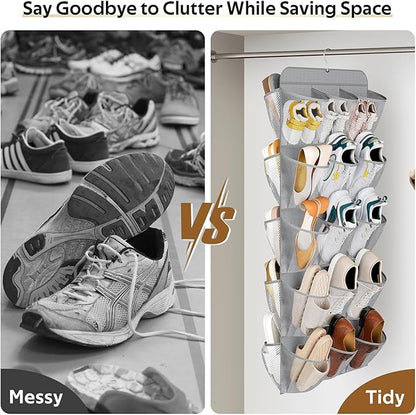 MISSLO 30 Large Pockets Dual Sided Hanging Shoe Organizer for Closet with Rotating Hanger Hanging Shoe Shelves, Grey