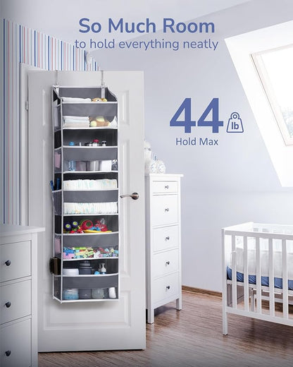 ULG 1 Pack Over Door Organizer with 5 Large and 10 Mesh Side Pockets, 44 lbs Weight Capacity Hanging Storage with Clear Window Kids Toys, Shoes, Diapers, Dark Grey, 5 Layers