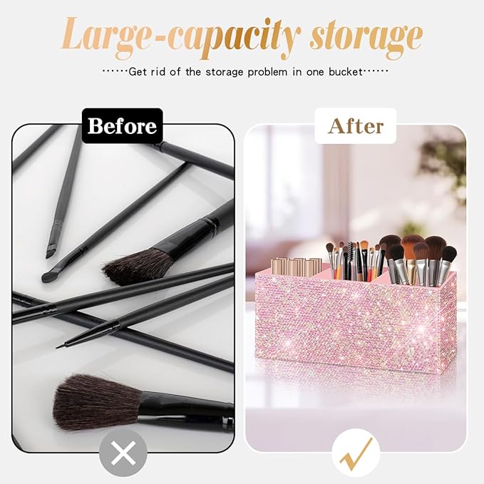 Bling Makeup Brush Holder Organizer, 3 Slot Sparkle Cosmetics Brushes Storage Holders with Shiny Rhinestones, Glitter Cute Pen and Pencil Holder for Desk, Eyeliners Display Case for Vanity（Pink）