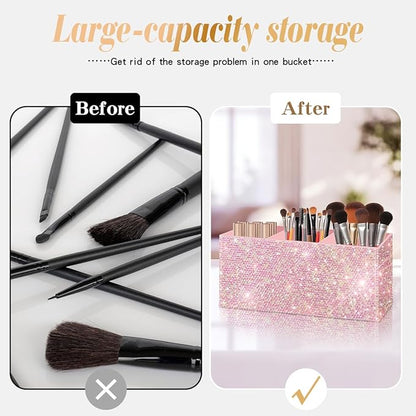 Bling Makeup Brush Holder Organizer, 3 Slot Sparkle Cosmetics Brushes Storage Holders with Shiny Rhinestones, Glitter Cute Pen and Pencil Holder for Desk, Eyeliners Display Case for Vanity（Pink）