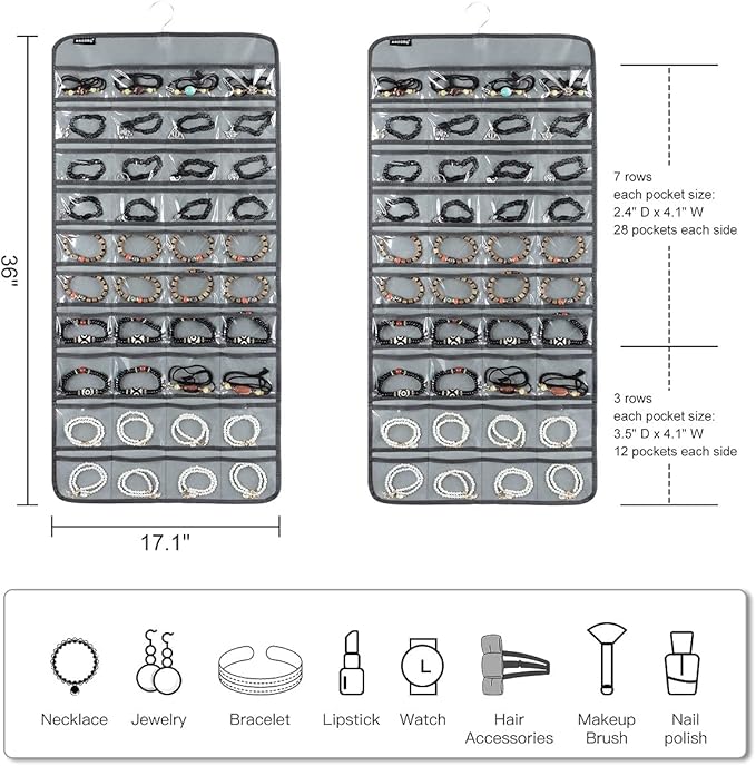 80 Pockets Hanging Jewelry Organizer for Holding Jewelries Dual-Sided Accessory Display Holder for Earrings Bracelets Rings (80 Pockets-Grey)