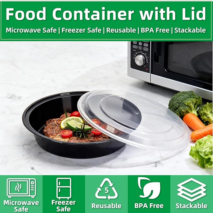Meal Prep Containers Reusable 50 Pack-24 oz Food Storage Containers with Lids To Go Food Containers Takeout, Microwave Dishwasher Freezer Safe, Stackable, BPA Free, Plastic (Black)