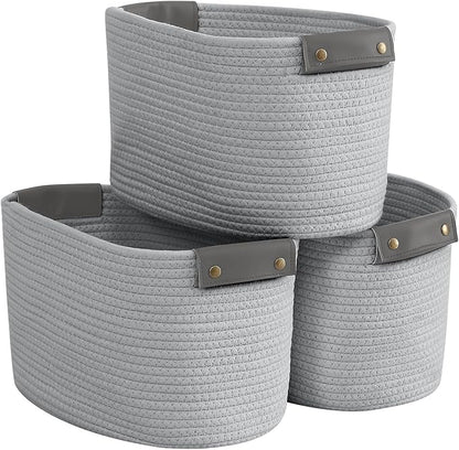 3 Pack Cotton Rope Storage Basket Woven Shelf Storage Bin with Faux Leather Handles, Decorative Closet Shelf Woven Basket for Storage Organizers, 15 x 10 x 9, Gray