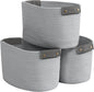 3 Pack Cotton Rope Storage Basket Woven Shelf Storage Bin with Faux Leather Handles, Decorative Closet Shelf Woven Basket for Storage Organizers, 15 x 10 x 9, Gray