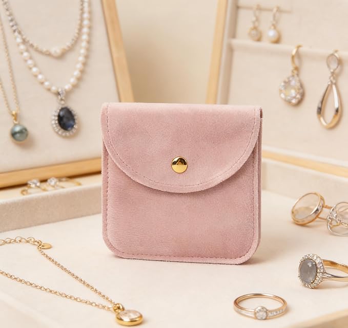 Velvet Jewelry Pouch, Pink, Gold Snap Closure, Small Travel Storage Case（10 Pack 3 * 3）