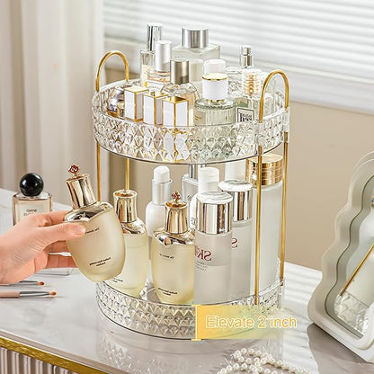 Rotating Makeup Organizer for Vanity, 2 Tier Perfume Skincare Storage for Women, Bathroom Counter Organizer, 360° Spinning Cosmetic Holder for Dresser Countertop, Clear