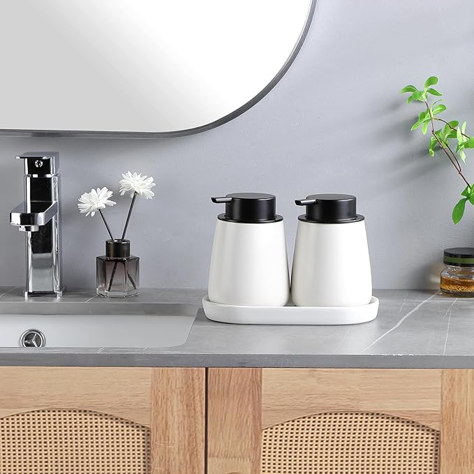 White Round Soap Dispenser Tray - 8'' Ceramic Vanity Tray for Bathroom Decorative, Jewelry Ring Dish, Comestic Holder, Kitchen Sink Countertop Organizer Plate