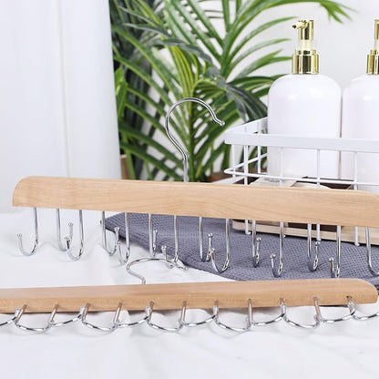 JOHOUSE Belt Organizer for Closet Max 42 Belts, Wooden Sports Bra Hanger Tie Rack with 14 Hooks for Men Women Tank Top, Scarf Closet Storage