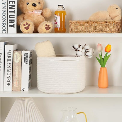 MiniArk Small Basket for Organizing | Cube Shelf Closet Storage Baskets | 9.7×9.7×7.1” | Woven Rope Gift Basket | Nursery | Round 3 Packs Off White