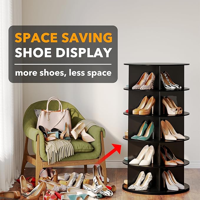 SpaceAid Black 5-Tier Spinning Rotating Shoe Rack Organizer, Shoe Display Tower Lazy Susan, Revolving Shoes Rack StorageOrganization, 360 Vertical Bags Holder Rotate Organizer