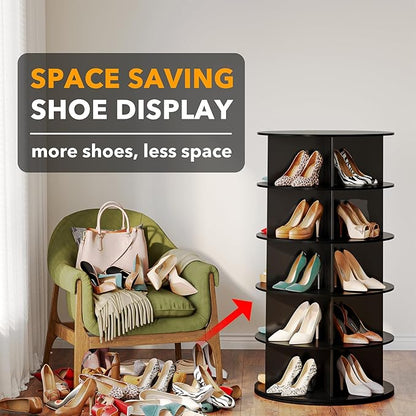 SpaceAid Black 5-Tier Spinning Rotating Shoe Rack Organizer, Shoe Display Tower Lazy Susan, Revolving Shoes Rack StorageOrganization, 360 Vertical Bags Holder Rotate Organizer
