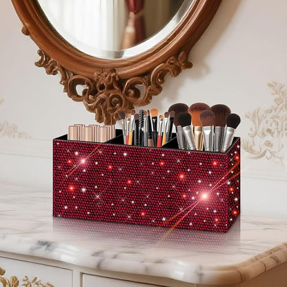Bling Makeup Brush Holder Organizer, 3 Slot Sparkle Cosmetics Brushes Storage Holders with Shiny Rhinestones, Glitter Cute Pen and Pencil Holder for Desk, Eyeliners Display Case for Vanity（Wine Red）