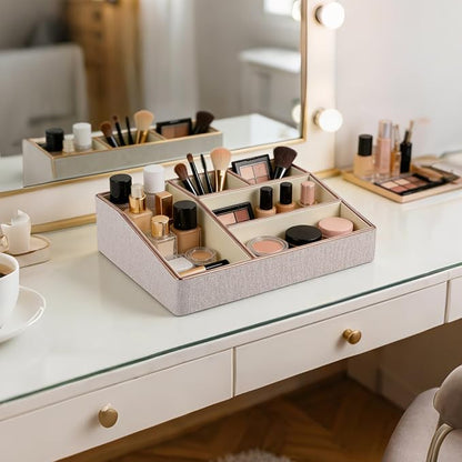 PU Leather Makeup Organizer Tray,Large Vanity Organizer,Cosmetic Storage Box for Lipstick Brushes Skincare Perfume,Cosmetic Display Case Rose Gold-trimmed for Dresser,Bathroom Countertop(Beige)
