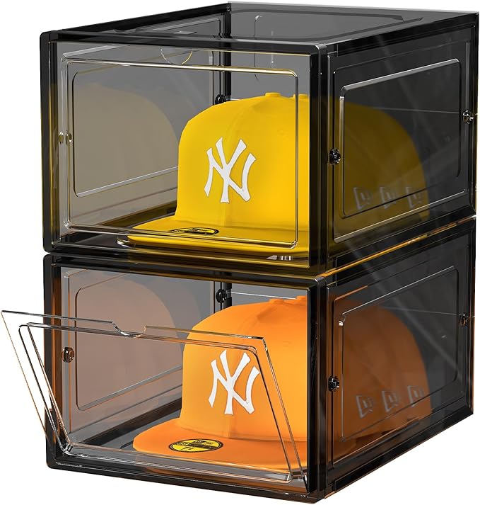SCAVATA Hat Organizer Box, Stackable Clear Baseball Caps Holder Box Containers with Magnetic Door for Hats Snapback Cap Storag, Hat Rack Display Case, Holds 8 Hats Each (Black, 2 Pack)