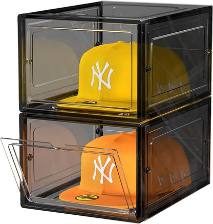 SCAVATA Hat Organizer Box, Stackable Clear Baseball Caps Holder Box Containers with Magnetic Door for Hats Snapback Cap Storag, Hat Rack Display Case, Holds 8 Hats Each (Black, 2 Pack)
