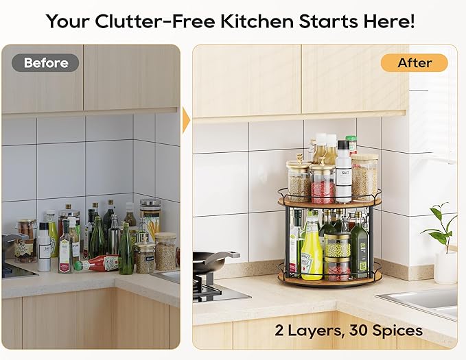 12.4" Lazy Susan Organizer 2 Tier, Rotating Spice Rack, Wooden Spinning Spice Holder for Inside Cabinet, Pantry, Kitchen, Countertop, Bathroom and Vanity, Versatile Storage